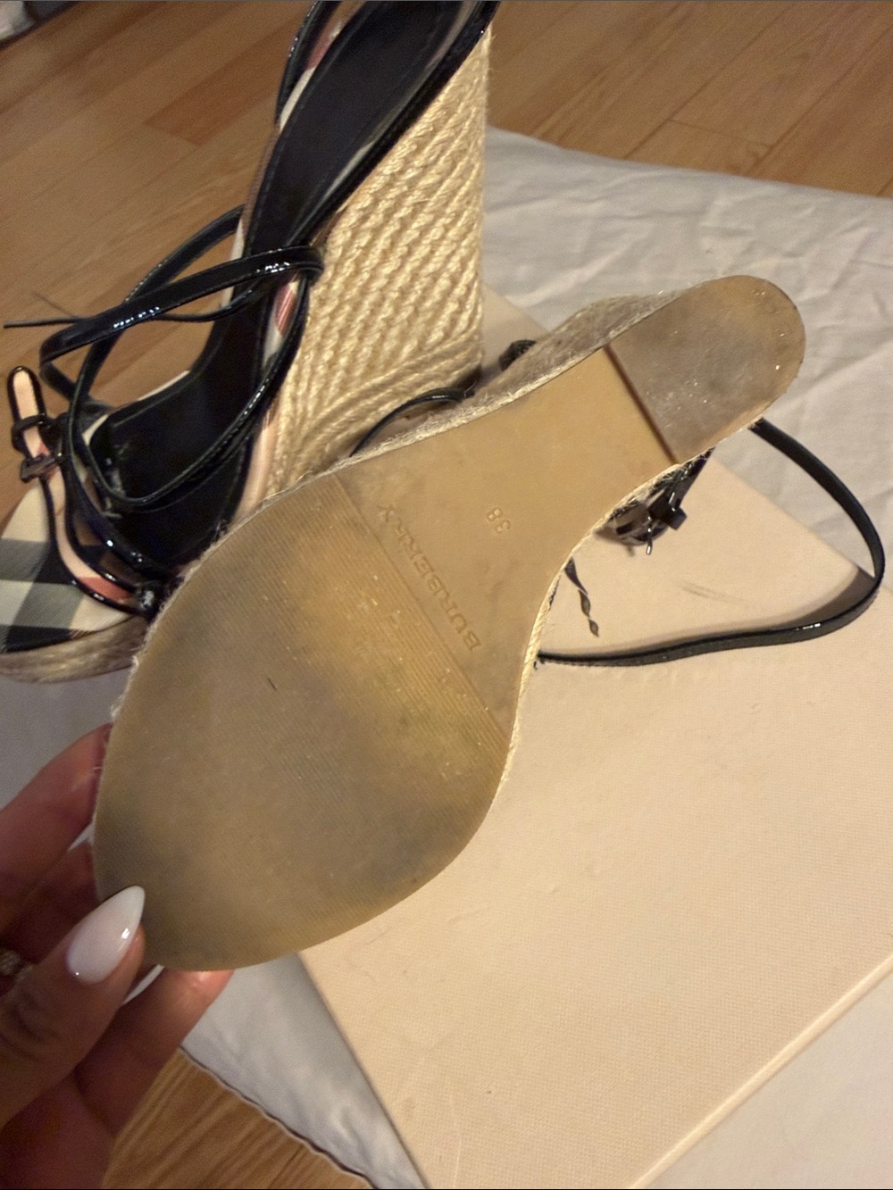 Burberry Black Patent Leather & Nova Check Espadrille Wedge Sandals - Picture 3 of 4